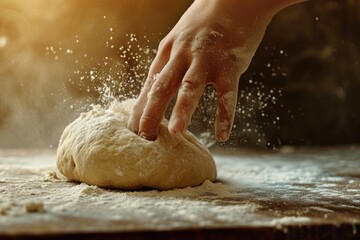 Hand kneading a dough on wooden table with flour