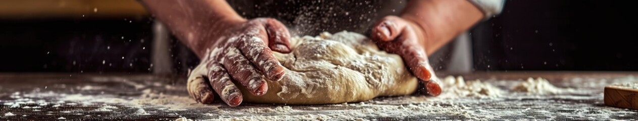 Hand kneading a dough on wooden table with flour - obrazy, fototapety, plakaty