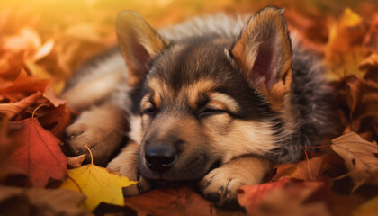 Obraz premium Cute puppy playing in autumn leaves, enjoying nature beauty generated by AI