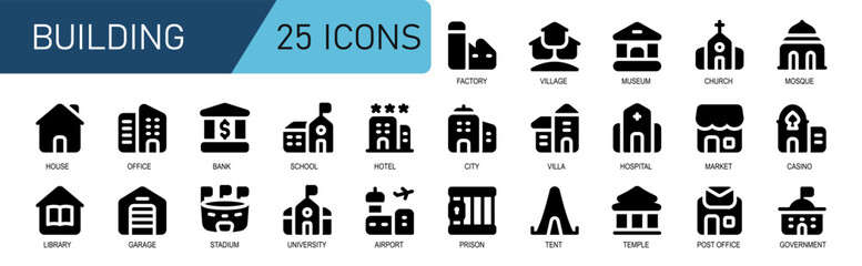 Fototapeta premium building icon set.black fill style.contains university,airport,prison,tent,temple,post office,government,stadium,church,mosque,casino,shop.vector illustration.suitable for website icon.