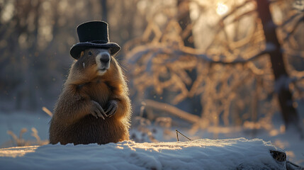 a ground hog in a top hat in winter time looking for his shadow on Ground Hog day - obrazy, fototapety, plakaty