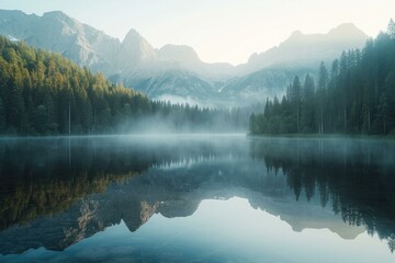 Serene Mountain Lake at Sunrise, Nature Landscape - obrazy, fototapety, plakaty