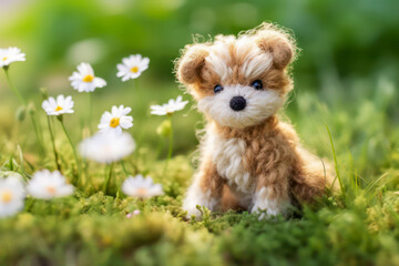 Cute plush dog on a meadow - obrazy, fototapety, plakaty