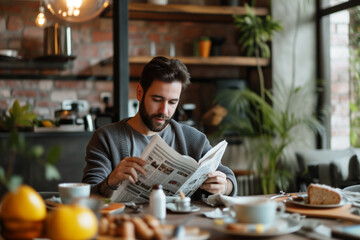A brunette man with a beard reads a newspaper at breakfast. - obrazy, fototapety, plakaty