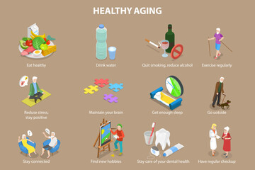 3D Isometric Flat Vector Illustration of Healthy Aging, Physical Activity and Health Care for Elderly Senior People - obrazy, fototapety, plakaty