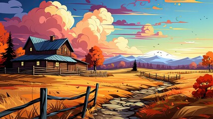Idyllic Farmhouse in Autumn with Mountain Backdrop