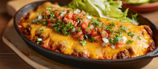Mexican oval-shaped dish made with corn dough, beans, lettuce, cheese, sauce, and protein like steak, rib, or egg.