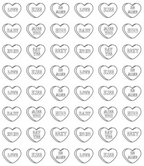 Vector seamless pattern of groovy retro cartoon outline Valentine love candies isolated on white background