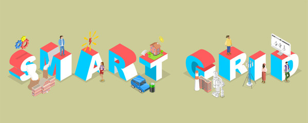 3D Isometric Flat Vector Illustration of Smart Grid, Sustainable System Control
