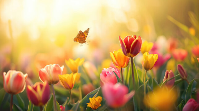 Wide Field Of Tulpes And Butterfly In Summer Sunset, Panorama Blur Background. Autumn Or Summer Tulpes Background With Butterflies. Shallow Depth Of Field