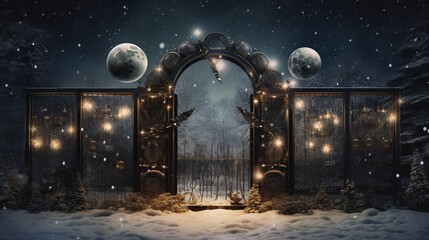 A surreal Christmas gate with levitating ornaments and a starry night background