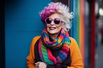 Portrait of a smiling senior woman with colorful hair and sunglasses.