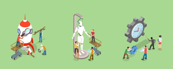 3D Isometric Flat Vector Illustration of Tech Startup, Business Process Automation