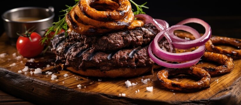 Close-up of charred wooden board serving barbecue wagyu beef hamburger with grilled chili and onion rings.