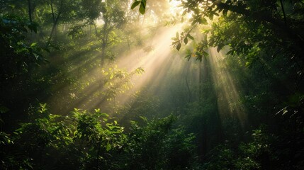Fototapeta premium (Forest enchantment) Sunlight filtering through a dense forest canopy