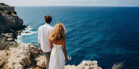 Shot of a couple, man and woman, from the back against the sea