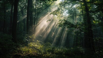 (Forest enchantment) Sunlight filtering through a dense forest canopy