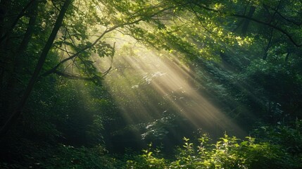 Obraz premium (Forest enchantment) Sunlight filtering through a dense forest canopy