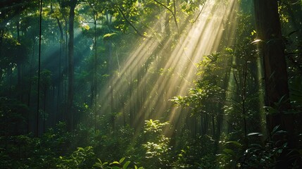 (Forest enchantment) Sunlight filtering through a dense forest canopy
