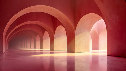Obraz premium peach color Arches and Corridor Bathed in Warm Light and shadows.monochromatic.