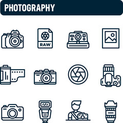 Photography icons. Vector set of cameras and photographer. Outline icon design.
