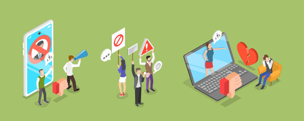 3D Isometric Flat Vector Illustration of Social Media Behavior, Boycott or Mass Riots