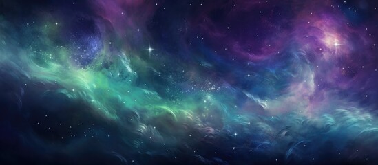 A psychedelic, dreamlike space with swirling blue, green, and purple hues, sparkling stars, and an ethereal haze.