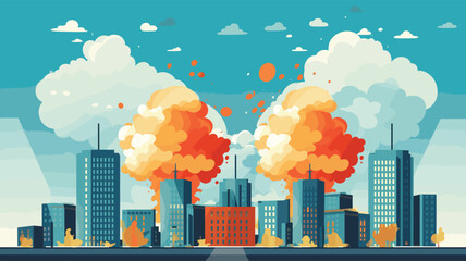 City skyline with large explosion clouds, fire and smoke over buildings. Urban catastrophe and disaster scene. Emergency and chaos in downtown vector illustration.