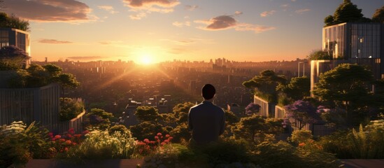Man observing sunset on rooftop garden. - Powered by Adobe