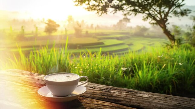 cup of coffee with rice field background Seamless looping 4k time-lapse virtual video animation background. Generated AI