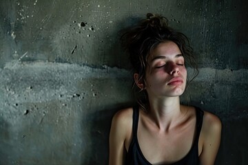A woman stands against a wall, her eyes closed and glasses resting on her face, conveying a sense of vulnerability and introspection in her portrait