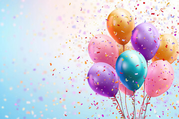This image features vibrant helium balloons with confetti, perfect for a festive postcard template.