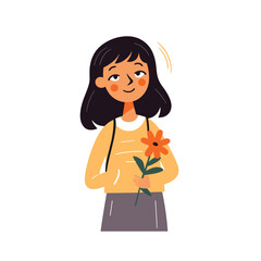 A girl is smiling gently while holding a single flower in this vector illustration.