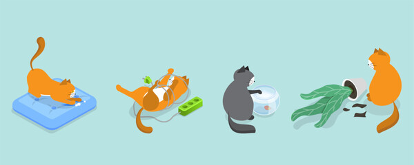 3D Isometric Flat Vector Illustration of Naughty Pets, Scenes With Cute Cats