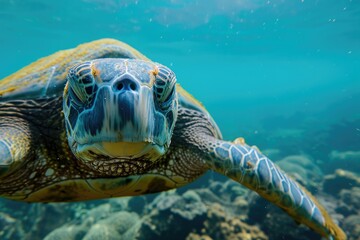 Fototapeta premium A graceful sea turtle glides through the vibrant reef, a majestic mammal at home in the underwater world of corals and marine life