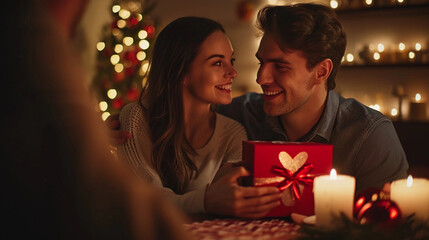 Husband or Boyfriend Holding Red Gift Box in Hands, Making Present Surprise to Happy Girlfriend Wife Having a Romantic Dinner Date in Candlelight, Close Up. Couple Celebrates Valentine's Day on Februa