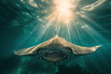 A mesmerizing marine mammal gracefully swims beneath the glistening sunlight, showcasing its elegant fins as it glides through the underwater world - obrazy, fototapety, plakaty