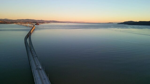 Richmond-San Rafael Bridge, Looking Out Across San Francisco Bay, Aerial Drone Descent