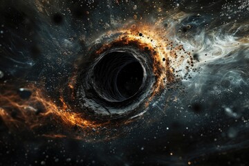 An enigmatic vortex of infinite depth and cosmic mystery, a black hole in space devours the very fabric of the universe with its all-consuming gravity - obrazy, fototapety, plakaty