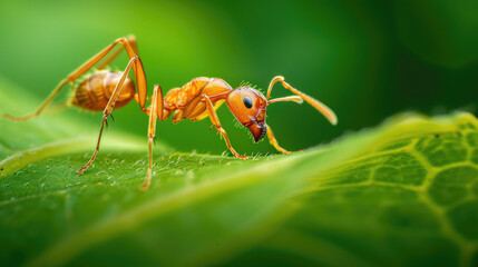 Macro shot of an ant on a leaf, natural green background.