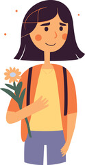 A smiling person is holding a flower with a backpack on in this vector illustration.
