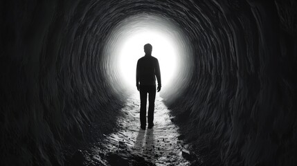 silhouette of man, shoulders slumped walking out of a dark tunnel towards a bright light - obrazy, fototapety, plakaty