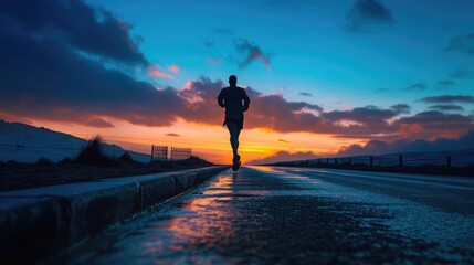 Silhouette view of a man jogging on road with dawn sky background.