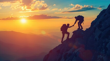 Teamwork friendship hiking help each other trust assistance silhouette in mountains, sunrise. Teamwork of two men hiker helping each other on top of mountain climbing team beautiful sunrise