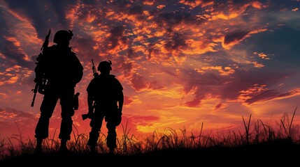 Obraz premium two military silhouettes on sunset sky background