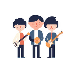 Three cartoon band members are holding musical instruments in this vector illustration.