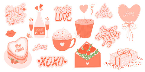 Valentines day hand drawn stickers. Cute illustrations and lettering quotes.