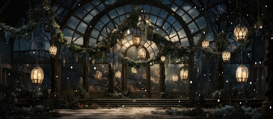 Obraz premium Winter garden with mistletoe and ice lantern setup.