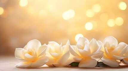 White gardenia blossom on isolated magical bokeh background with copy space for text placement