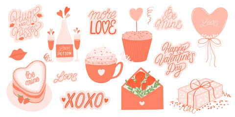 Valentines day hand drawn stickers. Cute vector illustrations and lettering quotes.